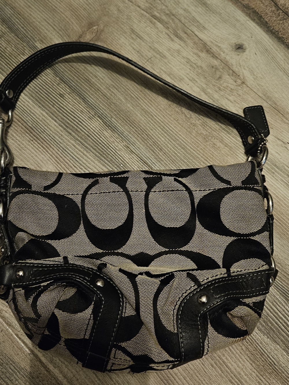 Coach Black and Beige Signature Logo Shoulder Bag